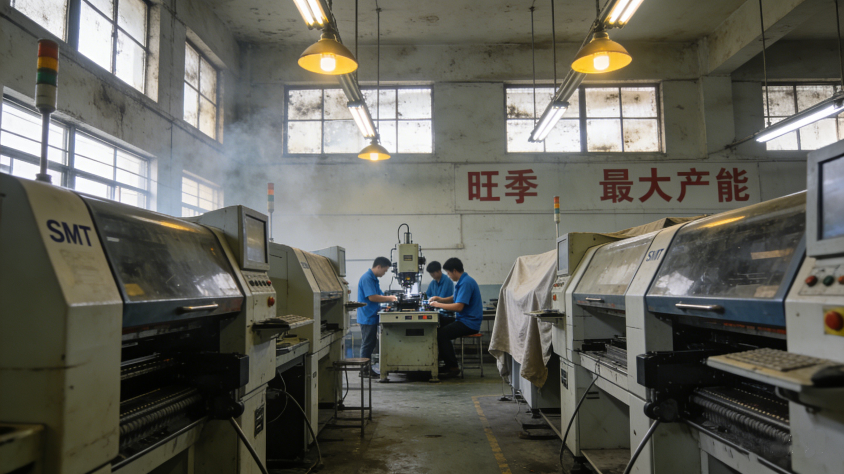 Idle SMT production lines at a supposed peak-season electronics factory in Dongguan, China, during a surprise capacity audit