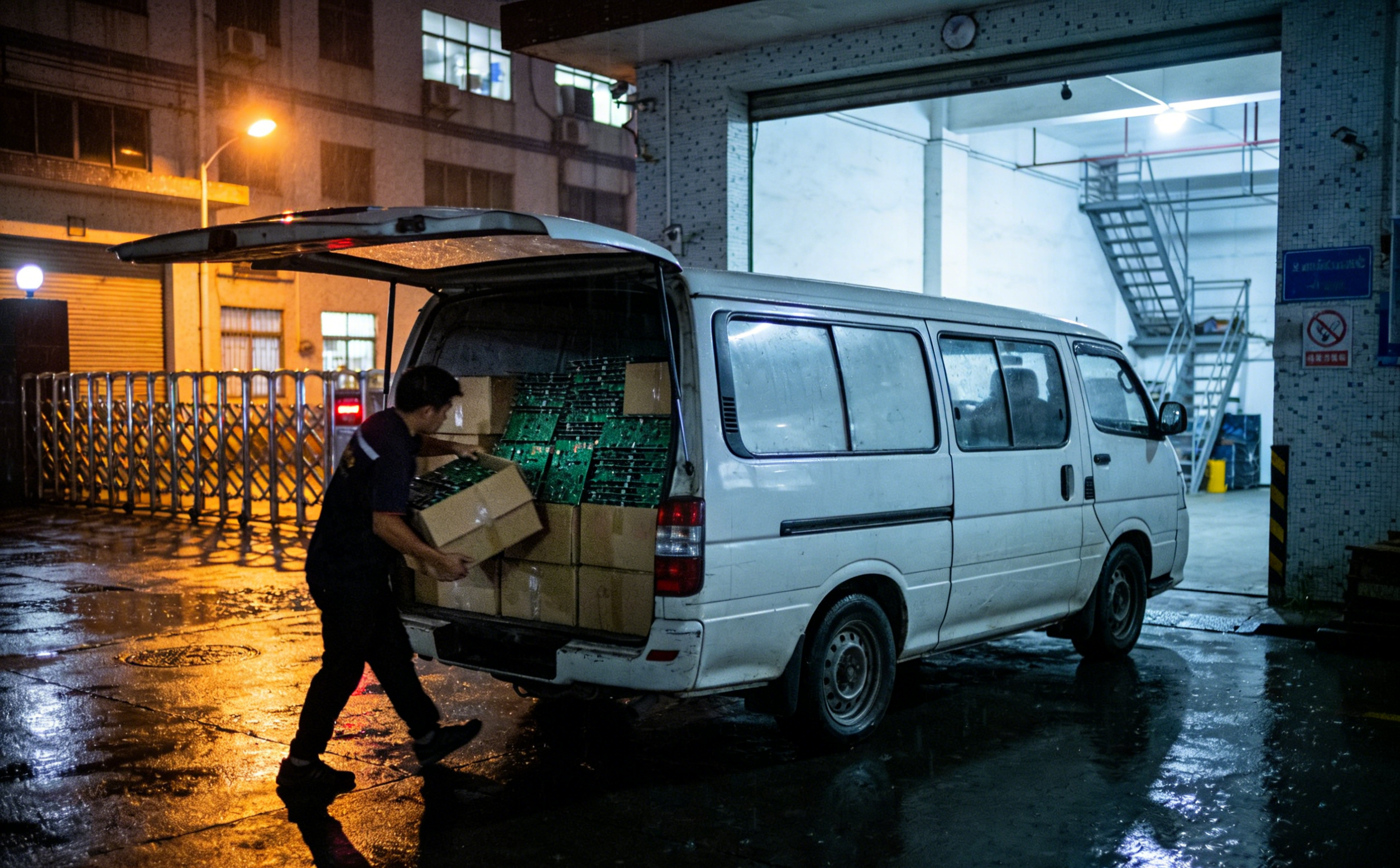 Unmarked van at a Dongguan factory back gate quietly loading unfinished PCBs for unauthorized subcontracting, intercepted during a mid-production audit