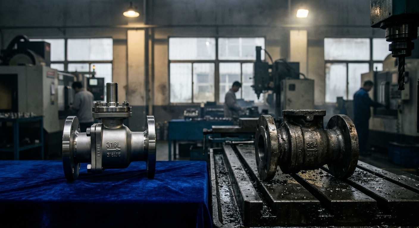 Pristine Golden Sample valve versus rough mass production valve on a messy Ningbo factory floor, illustrating Quality Fade