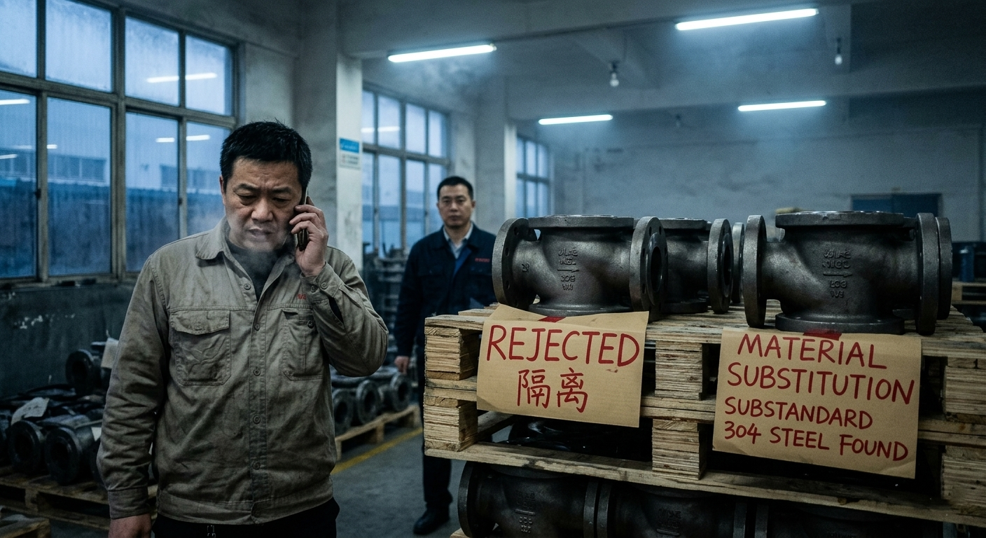 Rejected pallets of 304 steel valves marked with red 'QUARANTINE' tags in a cold Ningbo factory warehouse, supervised by a supply chain auditor