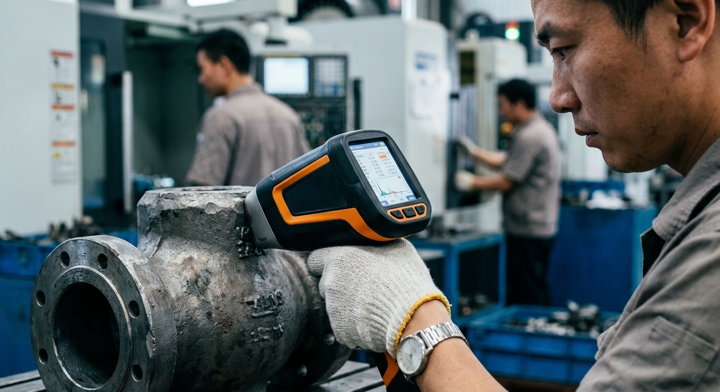Auditor using a handheld XRF spectrometer on a raw valve forging in a Ningbo factory to detect missing molybdenum and material substitution